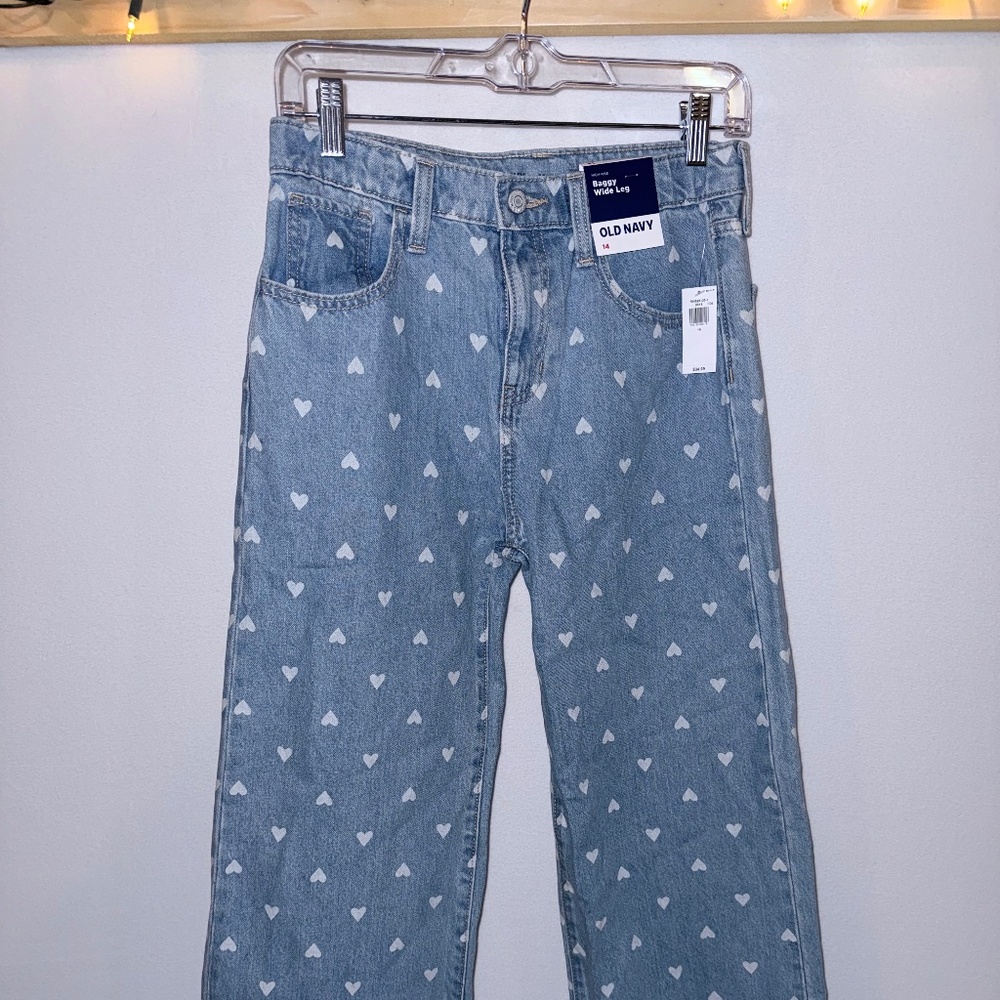 NWT Old Navy High-Rise Baggy Wide-Leg Jeans Size 14 Navy w/ White Hearts! Cute D